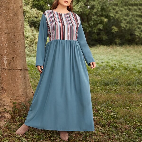 

Plus Geo And Striped Print A-line Dress, Dusty blue