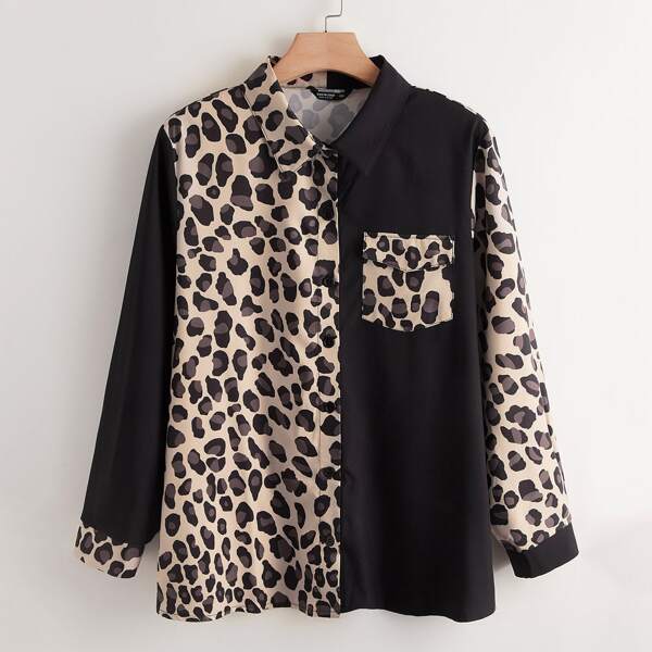 

Plus Button Front Contrast Graphic Panel Coat, Multicolor