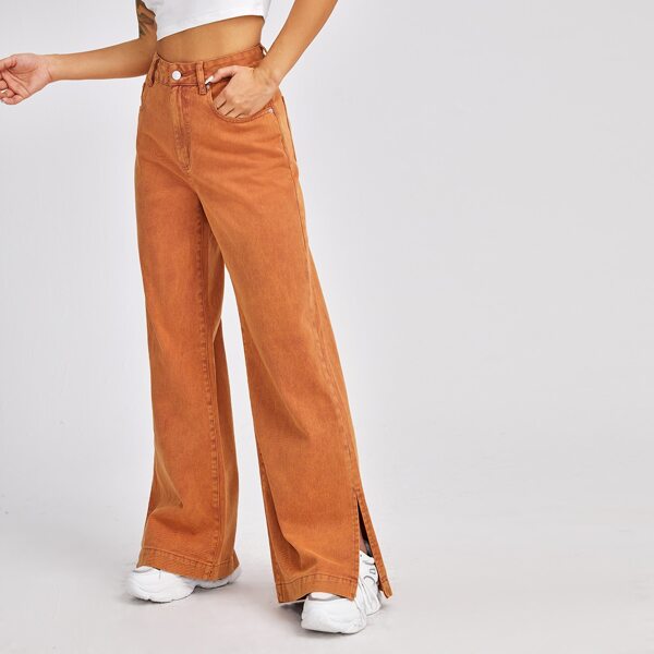 

Slit Hem Wide Leg Jeans, Orange