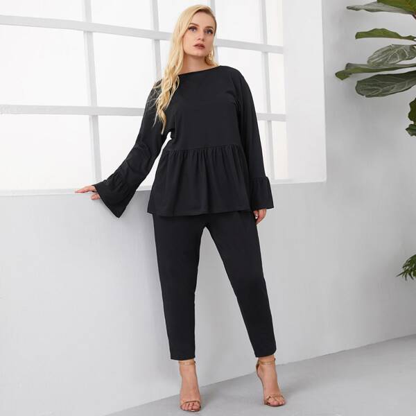 

Plus Solid Ruffle Hem Top & Pants, Black