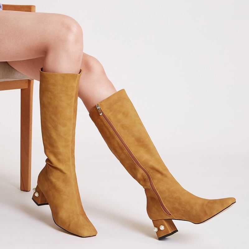 

Faux Pearl Decor Boots, Apricot