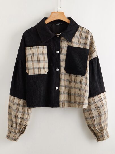 Plus Plaid Panel Dual Pocket Corduroy Jacket