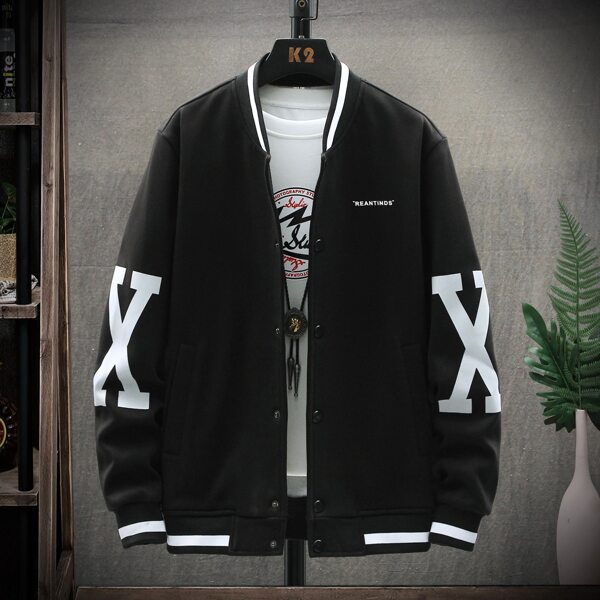 

Men Letter & Striped Print Bomber Jacket, Black