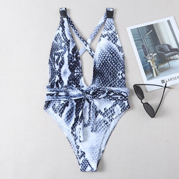 

Snakeskin Buckle Strap One Piece Swimsuit, Multicolor