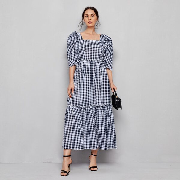 

Square Neck Puff Sleeve Frill Trim Gingham Dress, Blue and white