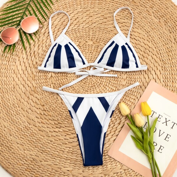 

Striped Triangle Thong Bikini Swimsuit, Blue and white