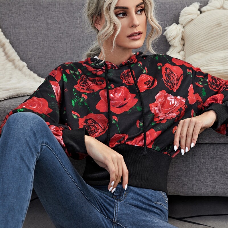 

Floral Drop Shoulder Drawstring Hoodie, Multicolor