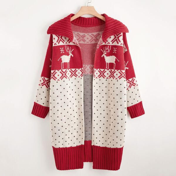 

Plus Christmas Pattern Colorblock Cardigan, Red and white