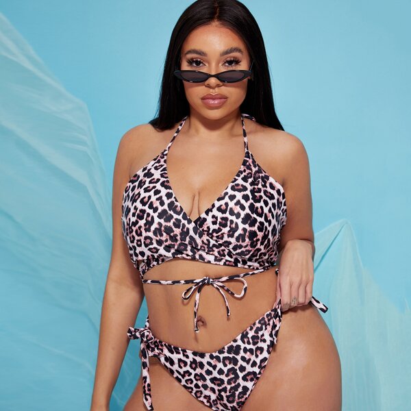 

Plus Leopard Cross Wrap Bikini Swimsuit, Multicolor