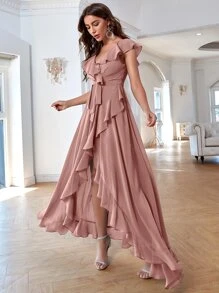 Solid Ruffle Trim Tie Front Asymmetrical Bridesmaid Dress Elegant Dress, Bride Dress, Birthday Women Outfits, Graduation Dress, Formal Dress - Dusty Pink - View 4