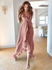 Solid Ruffle Trim Tie Front Asymmetrical Bridesmaid Dress Elegant Dress, Bride Dress, Birthday Women Outfits, Graduation Dress, Formal Dress - Dusty Pink - View 5