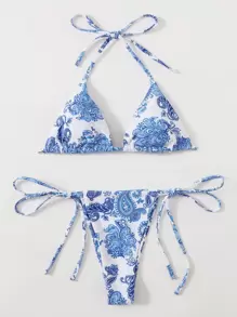 Swim Basics Summer Beach Floral & Paisley Bikini Set Triangle Halter Bra & Tie Side Thong 2 Pieces Bikini - Blue - View 1