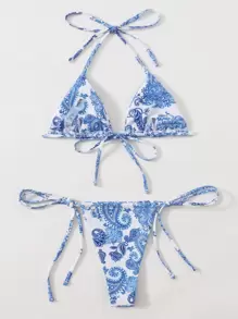 Swim Basics Summer Beach Floral & Paisley Bikini Set Triangle Halter Bra & Tie Side Thong 2 Pieces Bikini - Blue - View 2