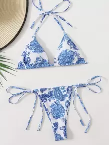 Swim Basics Summer Beach Floral & Paisley Bikini Set Triangle Halter Bra & Tie Side Thong 2 Pieces Bikini - Blue - View 3