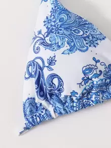 Swim Basics Summer Beach Floral & Paisley Bikini Set Triangle Halter Bra & Tie Side Thong 2 Pieces Bikini - Blue - View 5