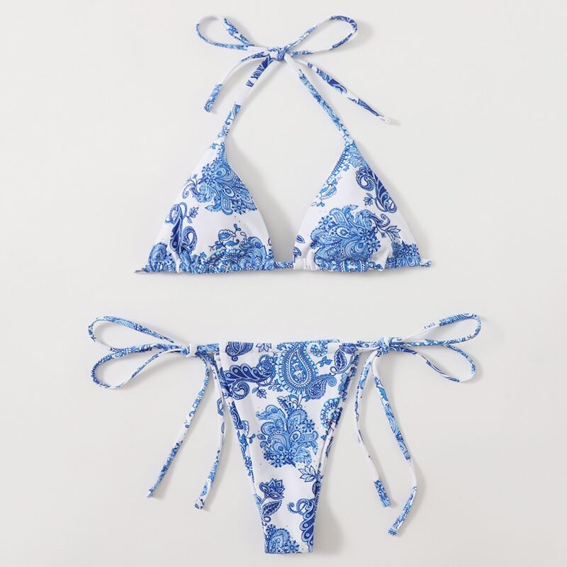 

Floral & Paisley Triangle Thong Bikini Swimsuit, Blue