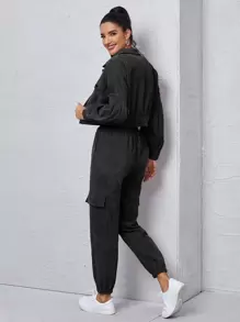 Mulvari طقم قطعتين الجيب الصاف كاجوال - الأسود - مشاهدة 2