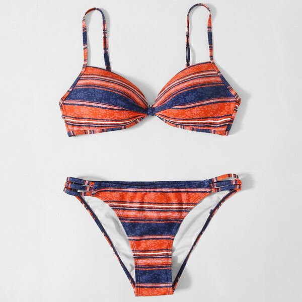 

Floral & Striped Push Up Bikini Swimsuit, Multicolor