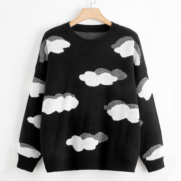 

Plus Cartoon Cloud Pattern Drop Shoulder Sweater, Black and white
