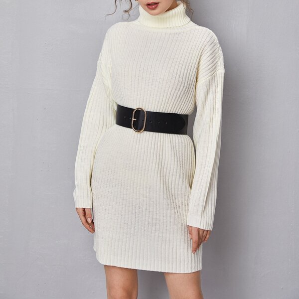 

Turtleneck Rib-knit Sweater Dress Without Belt, White
