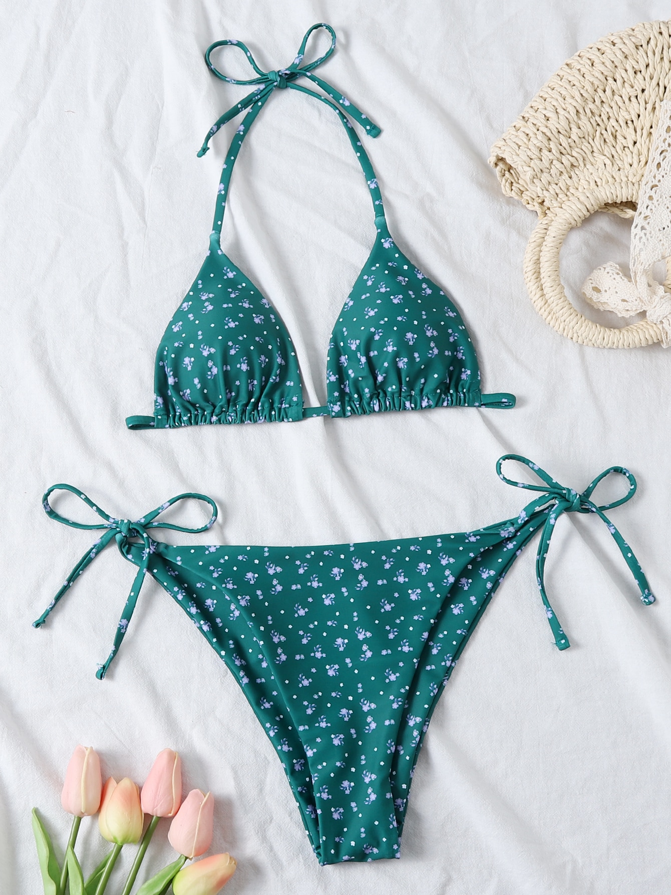 Ditsy Floral Triangle Tie Side Bikini Swimsuit thumbnail