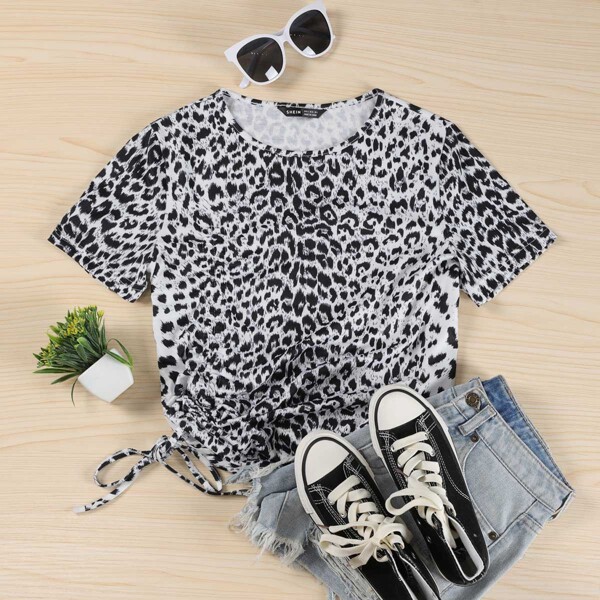

Drawstring Hem Leopard Tee, Multicolor