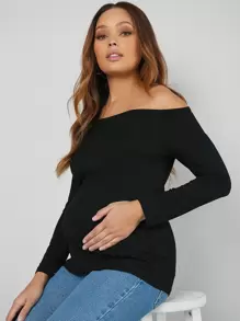 SHEIN Áo thun Bà bầu màu trơn Giải trí - màu đen - Xem 1