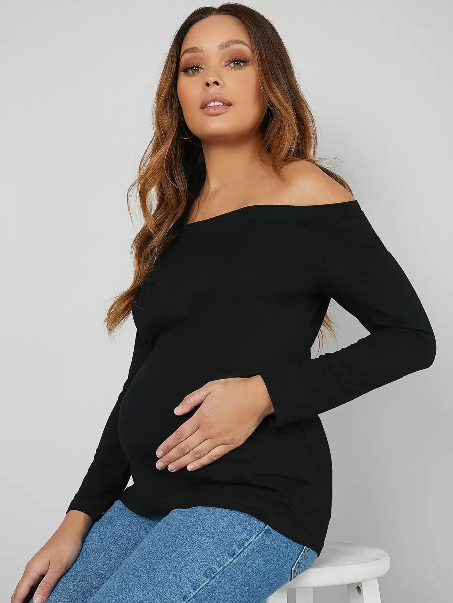 SHEIN Áo thun Bà bầu màu trơn Giải trí - màu đen - Xem 1