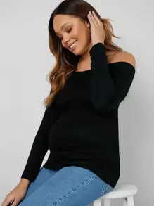 SHEIN Áo thun Bà bầu màu trơn Giải trí - màu đen - Xem 5