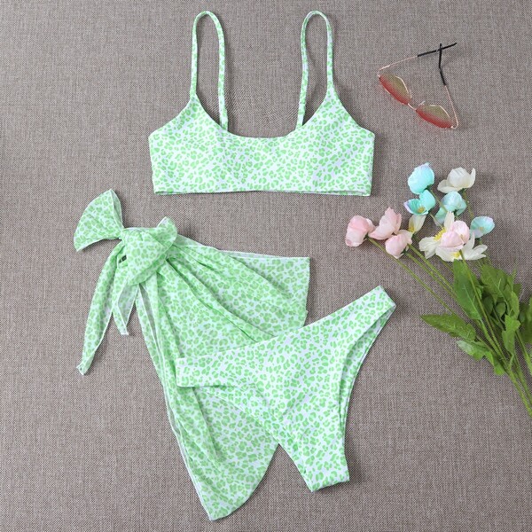 

3pack Leopard Bikini Swimsuit & Beach Skirt, Green