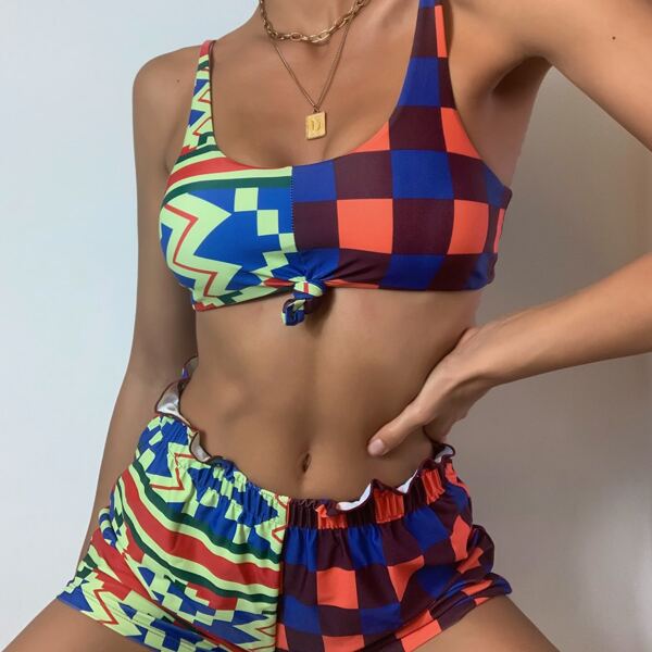 

3pack Geo Print Knot Hem Bikini Swimsuit, Multicolor