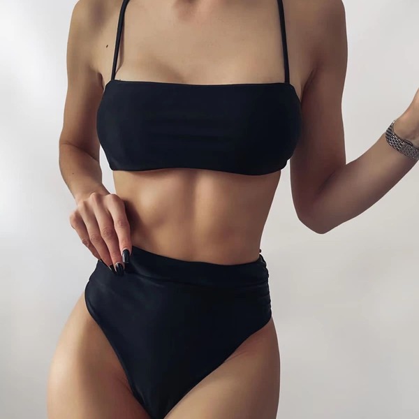 

Plain High Waisted Bikini Swimsuit, Black