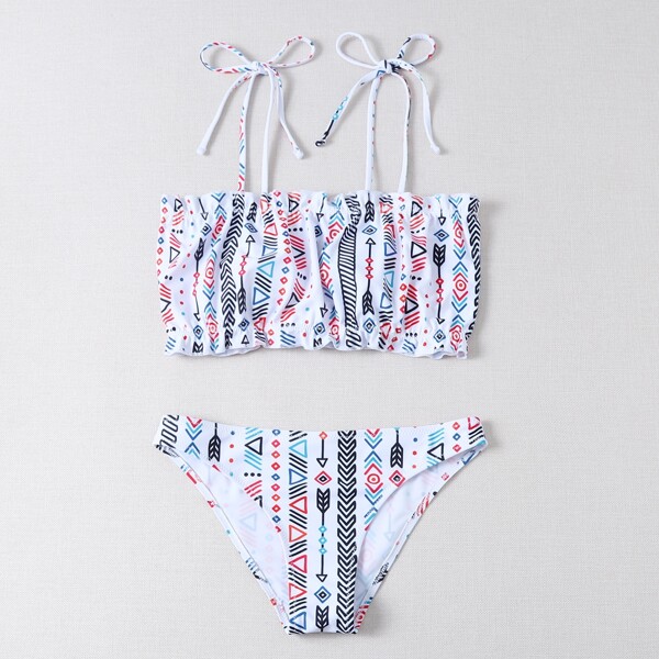 

Geometric Print Tie Shoulder Bikini Swimsuit, Multicolor