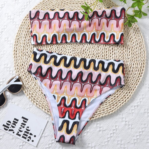 

Allover Graphic Bandeau Bikini Swimsuit, Multicolor