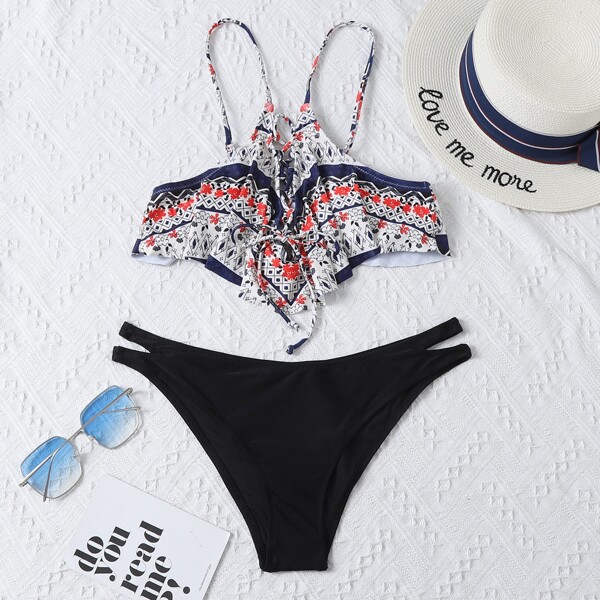 

Floral Lace-up Front Hanky Hem Bikini Swimsuit, Multicolor