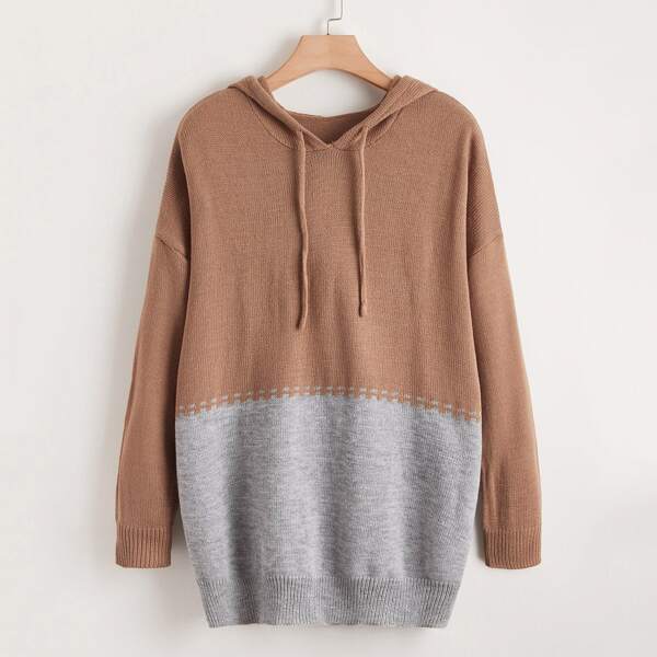 

Plus Drop Shoulder Colorblock Drawstring Hooded Sweater, Apricot
