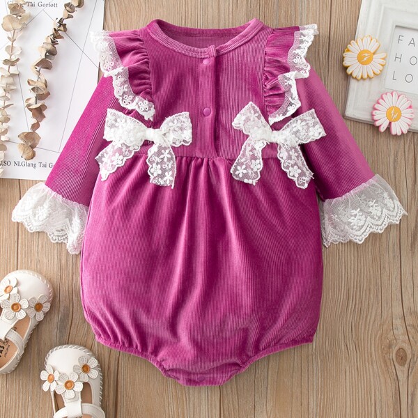 

Baby Girl Velvet Contrast Lace Double Bow Bodysuit, Purple