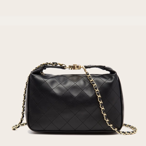 

Metal Lock Stitch Detail Satchel Bag, Black