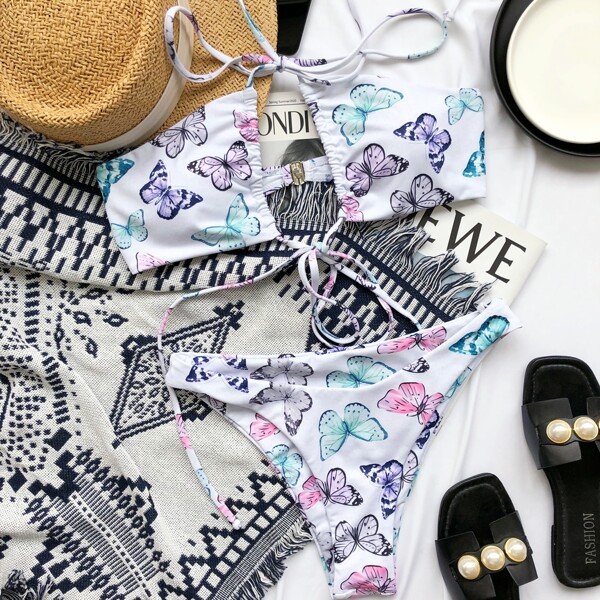 

Butterfly Print Crisscross Knot Bikini Swimsuit, Multicolor