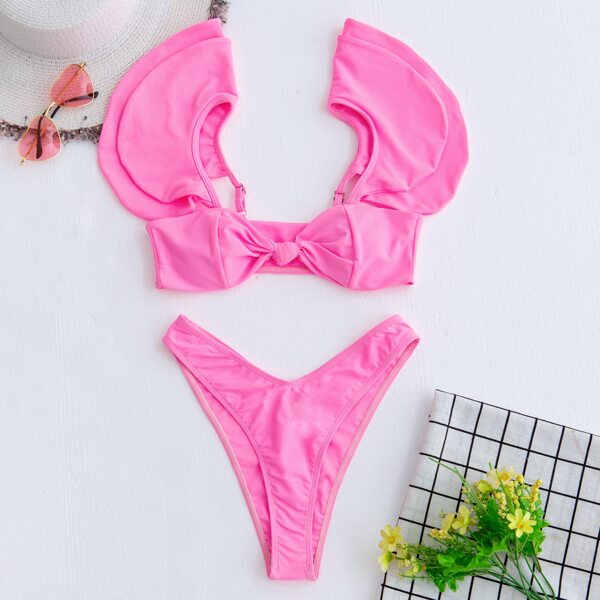 

Solid Ruffle Decor High Cut Bikini Swimsuit, Pink