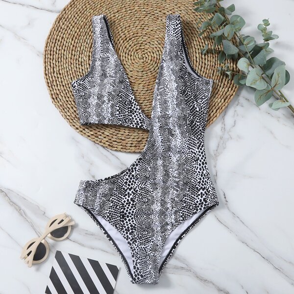 

Snakeskin Cut-out One Piece Swimsuit, Black and white