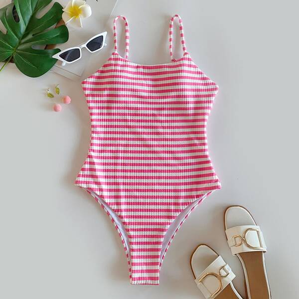 

Striped One Piece Swimsuit, Pink