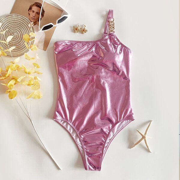 

Metallic One Shoulder One Piece Swimsuit, Pink