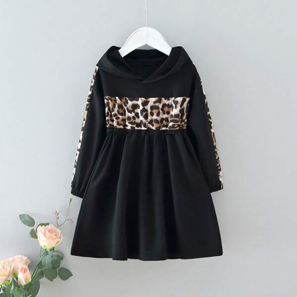 

Toddler Girls Leopard Panel Hoodie Dress, Black
