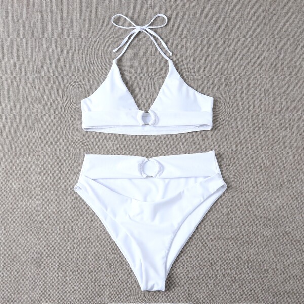 

Cut-out Ring Linked Halter Bikini Swimsuit, White