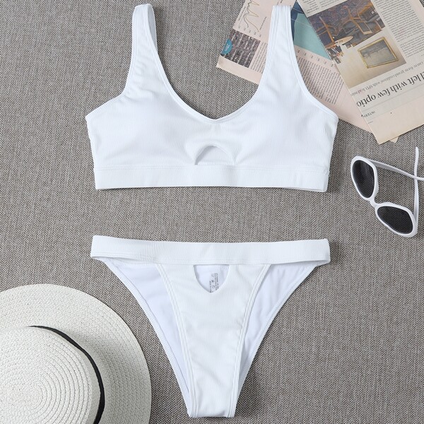 

Rib Cut-out Thong Bikini Swimsuit, White