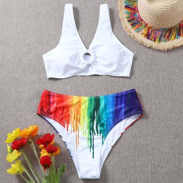 

Rainbow Splash Ink Ring Linked Bikini Swimsuit, Multicolor