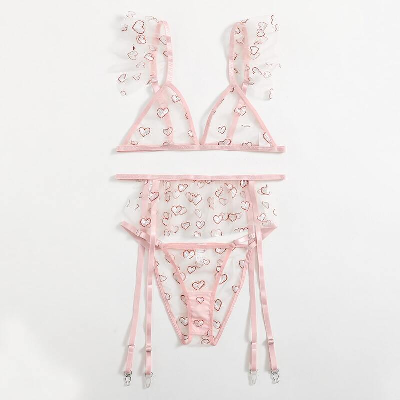 

Heart Pattern Garter Lingerie Set, Baby pink