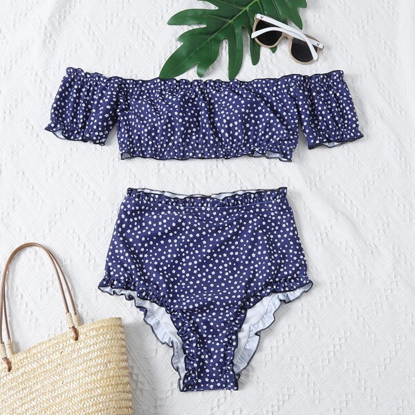 

Ditsy Floral Lettuce Trim Bardot Bikini Swimsuit, Navy blue