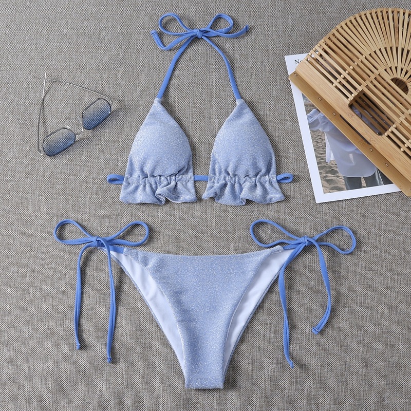

Glitter Micro Triangle Tie Side Bikini Swimsuit, Pastel dusty blue